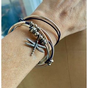 Lizzie James Dragonfly Wrap Bracelet Necklace NVY Leather Silver Plate Metal 21"